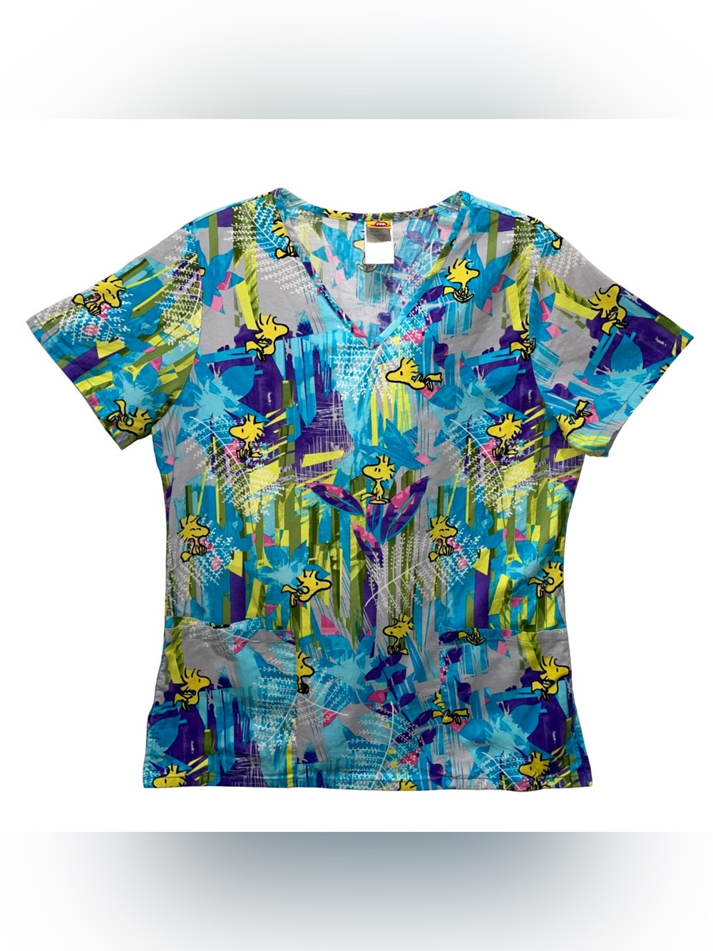 Peanuts Woodstock Multicolor Abstract Scrub Top Sz S Pockets Dentist Nurse Uni